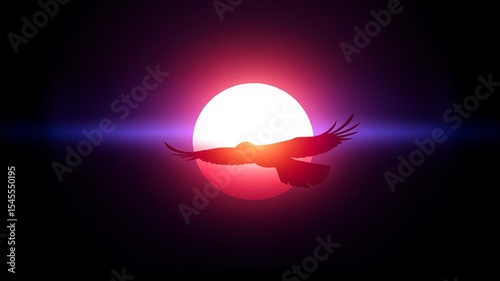 A majestic eagle silhouette soars through the vibrant sunset sky with a radiant sun behind it creating a breathtaking scene.