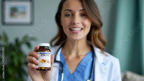 Friendly female doctor in a lab coat and scrubs smiles, holding out a bottle of vitamins towards the viewer, promoting health