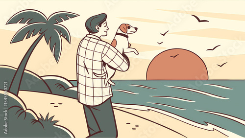 Man holding dog on beach at sunset with palm tree and birds in the sky in cartoon illustration