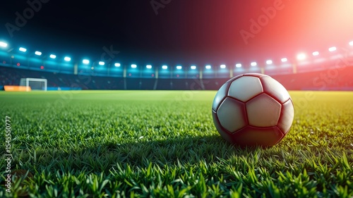 A single soccer ball rests on a lush green field at night under bright stadium lights ready for the big game.