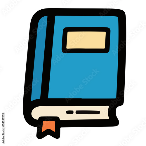 A teal hardcover book with a cream-colored label and an orange bookmark, presented in a simple, cartoonish style.