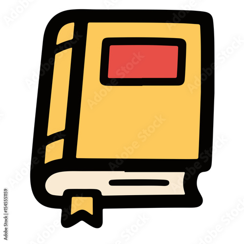 A simple, stylized illustration of a closed book with a bookmark.