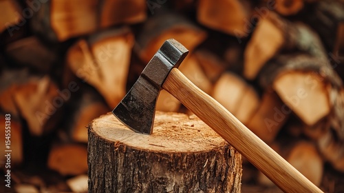 A sharp axe in mid-swing splitting firewood