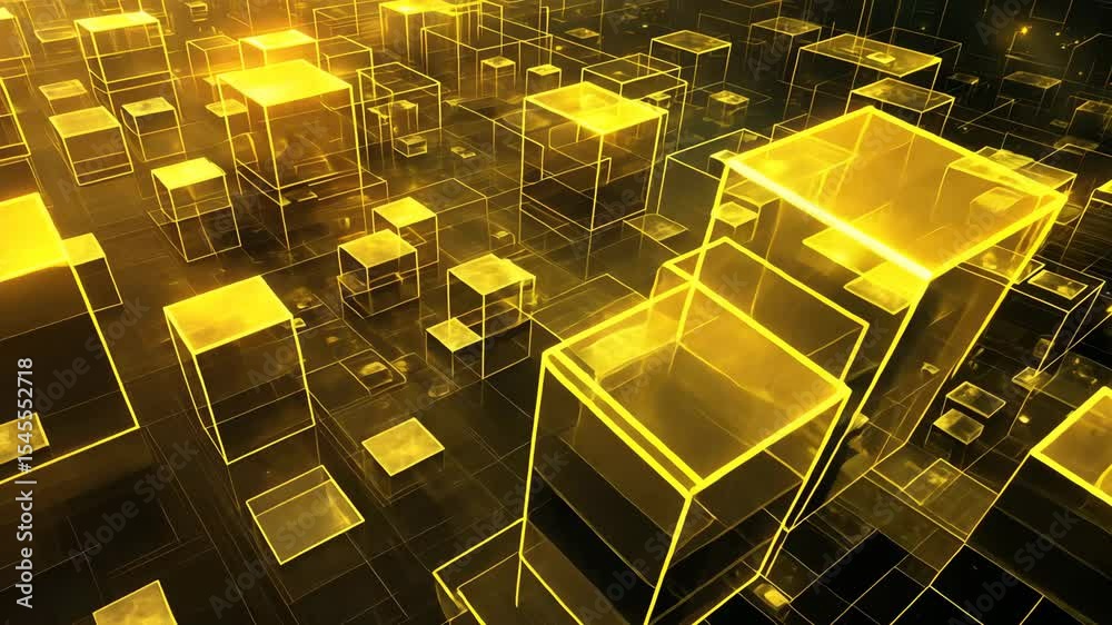 Golden translucent cubes rise and connect, forming an abstract representation of data, technology, or a digital city