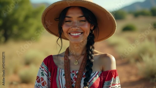 Smiling young mexican woman in straw hat and colorful dress radiating happiness and natural beauty outdoors in sunny setting