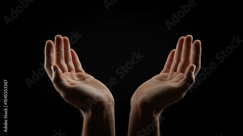Open Hands: A poignant depiction of two hands, palms upturned against a stark, inky backdrop, evoking a sense of offering, vulnerability, and silent supplication.