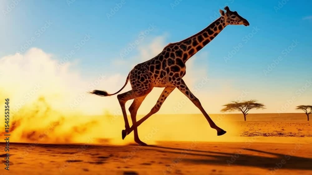 A giraffe running across a dry landscape under a bright blue and yellow sky with sparse trees video