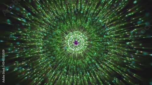 A vibrant, swirling pattern of green and sparkling lights creating a sense of motion and depth, resembling a cosmic or abstract scene.