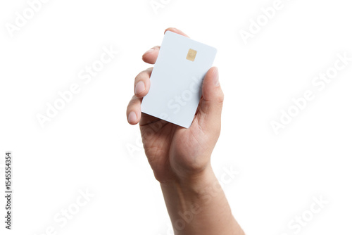 Hand holding white credit card on white background