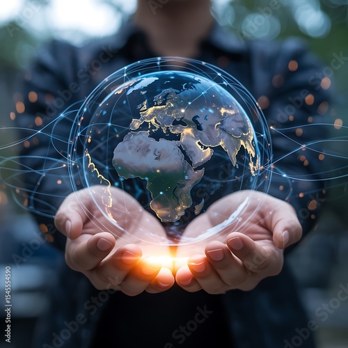 Person's hands cradling a glowing digital globe, representing global connectivity and networking.