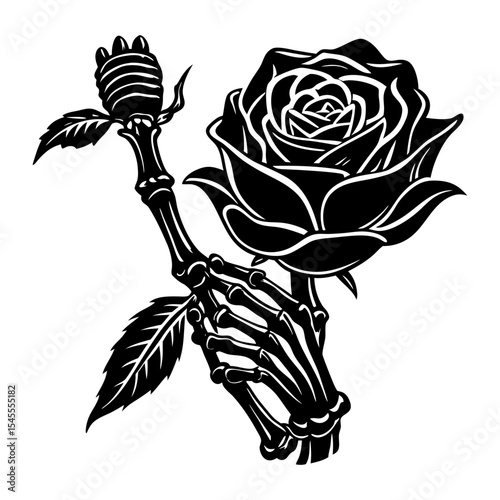 A bold black and white illustration of a skeleton hand delicately holding a single, blooming rose, combining themes of life, death, love, and mortality.