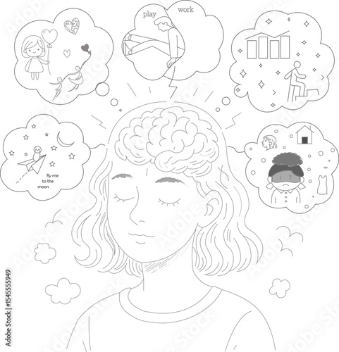 Girl with open mind thinking about life—love, work, dreams, family and balance—conceptual mental health and mindfulness vector illustration