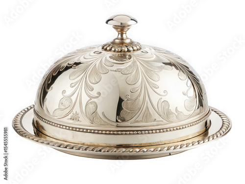 Elegant silver plated cloche with ornate engraved floral design, perfect for serving dishes.