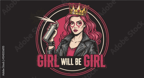 Rebel girl with crown holding wrench and feminist slogan