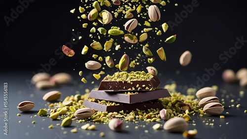 Crushed Pistachios Falling on Dubai Chocolate Pieces , dubai choc created with generative ai	
