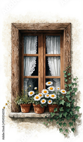 A rustic cottagecore wooden window with lace curtains, flower pots with daisies and ivy, set against a pure white background, soft natural lighting, photorealistic, clean image, no noise