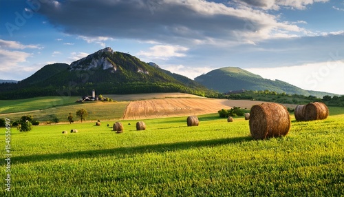 stacks on the field with green grass and hill choc at background in slovakia