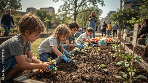 Children Planting Seedlings in Community Garden on Sunny Day