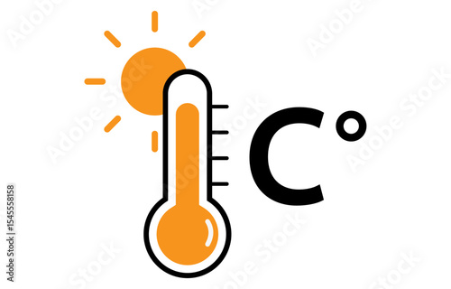 Warm temperature icon with sun and celsius icon isolated on a white background