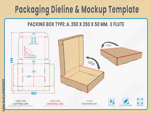 Packaging Dieline and Mockup Template. Dieline Real Shape and Dimension. Mockup Template. Fully editable vector. Equipped die cut lengths prepared for production.