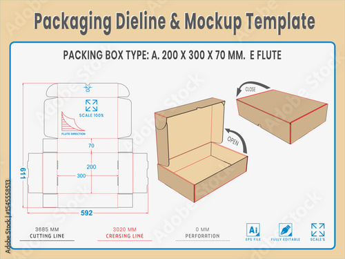 Packaging Dieline and Mockup Template. Dieline Real Shape and Dimension. Mockup Template. Fully editable vector. Equipped die cut lengths prepared for production.