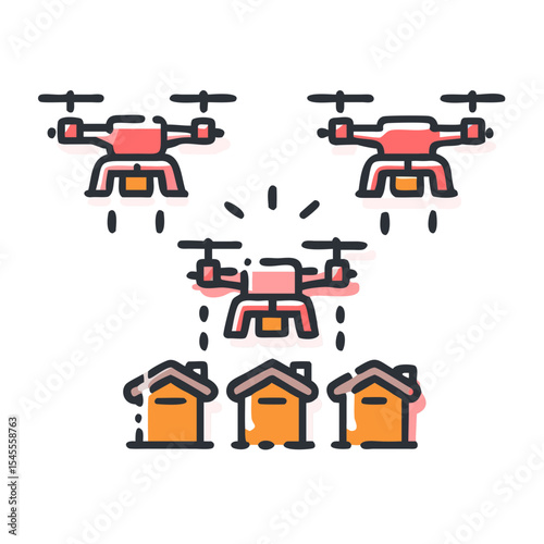 Drone swarm delivering packages to houses in an urban setting  