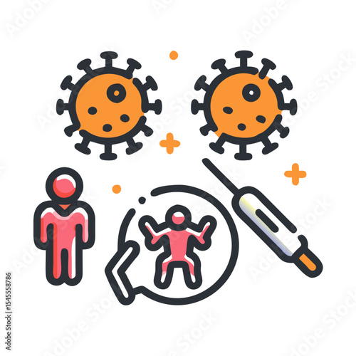 Illustration of nanotechnology with glowing COVID-19 virus icons  