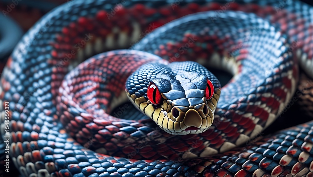 Obraz premium Coiled Snake Close-up with Red Eyes and Blue Scale Detail created with generative ai 