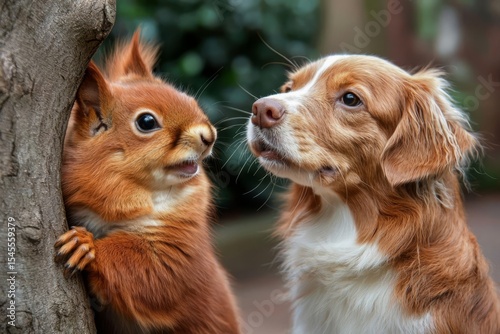 Dog chasing squirrel up a tree, but it is hiding on other side , isolated on white background,  , copy space, copy space for text, photo