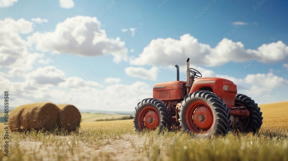 Naklejka premium Vintage tractor on a wheat field with hay bales under a cloudy sky