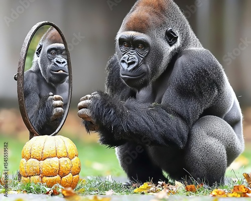 Curious gorilla looking at his handsome self reflection in mirror and smiling lovingly , isolated on white background,  , copy space, copy space for text,