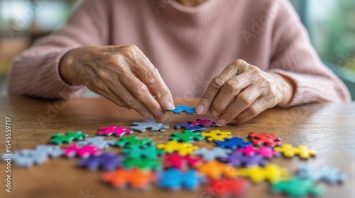 Senior woman engaging in puzzle-solving on wooden table for cognitive health, promoting dementia prevention. Soft natural light, intimate setting with shallow depth of field