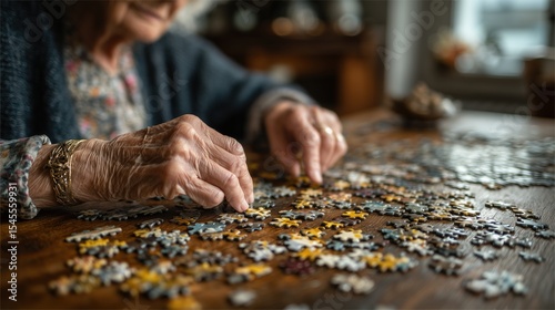 Senior woman engaging in puzzle-solving on wooden table for cognitive health, promoting dementia prevention. Soft natural light, intimate setting with shallow depth of field