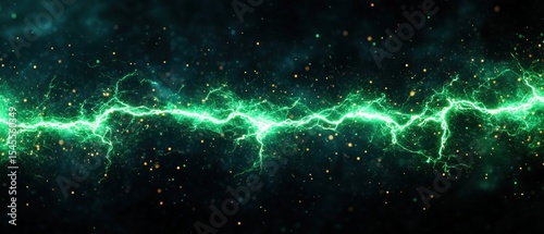 Bright green electric lightning bolt streaking across a dark cosmic space background with energy particles