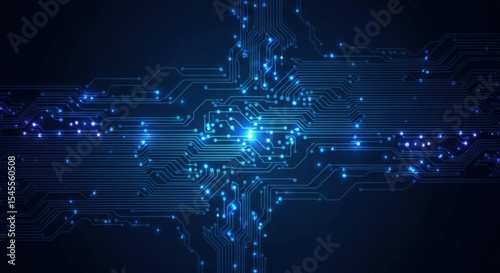 Abstract tech background with circuit lines and glowing dots, dark blue theme