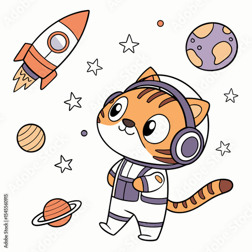 Playful Grumpy Tiger design, styled with wearing headphones and Cosmic Pastels shades in a Space explorer setting