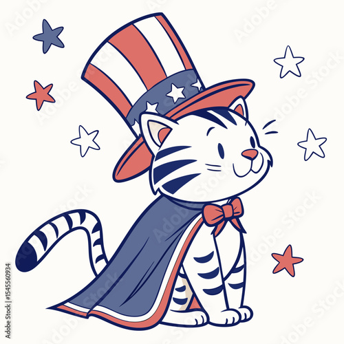 Cute SVG of a Shy Tiger in Founding Spirit colors, featuring wearing a cape in a Presidents’ Day setting