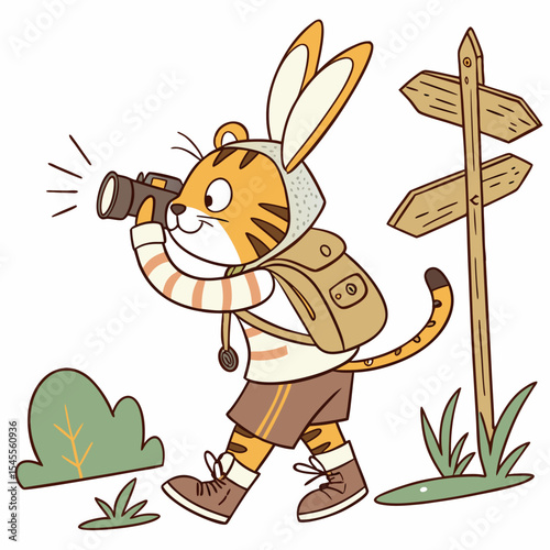 Evergreen Trails colored Tiger with a Playful touch, placed in a Forest adventure theme and styled with wearing bunny slippers