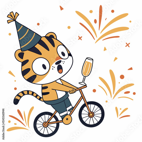 A Surprised Tiger with riding a bicycle in a New Year celebration theme – Midnight Sparkle palette SVG illustration