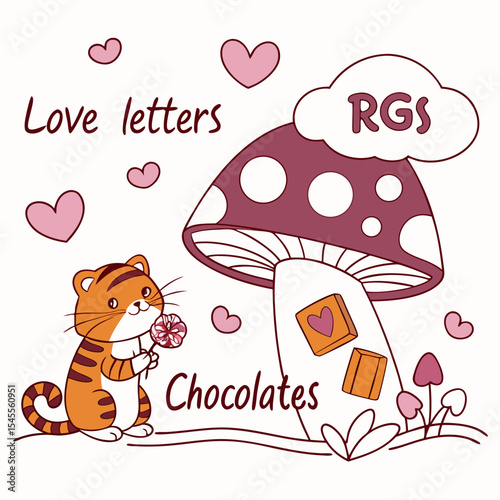 Valentine Blush colored Tiger with a Loving touch, placed in a Valentine theme and styled with under a mushroom
