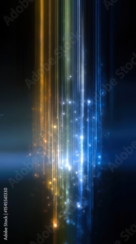 Abstract vertical light streaks with glowing particles in shades of blue gold and green on black background