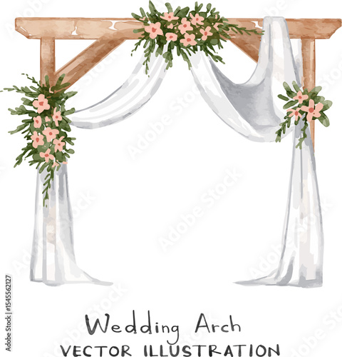 Watercolor wedding arch. Vector illustration of wood archway with flowers decoration. Suitable for wedding ceremony design, and card invitation