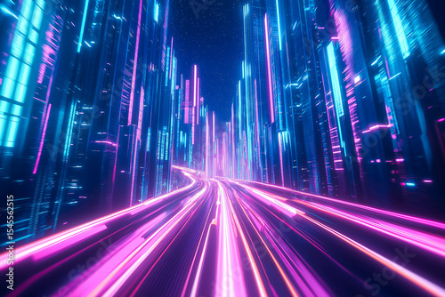 Speed light trails path through smart modern mega city and skyscrapers town with neon futuristic technology background, future virtual reality, motion effect, high speed light, with