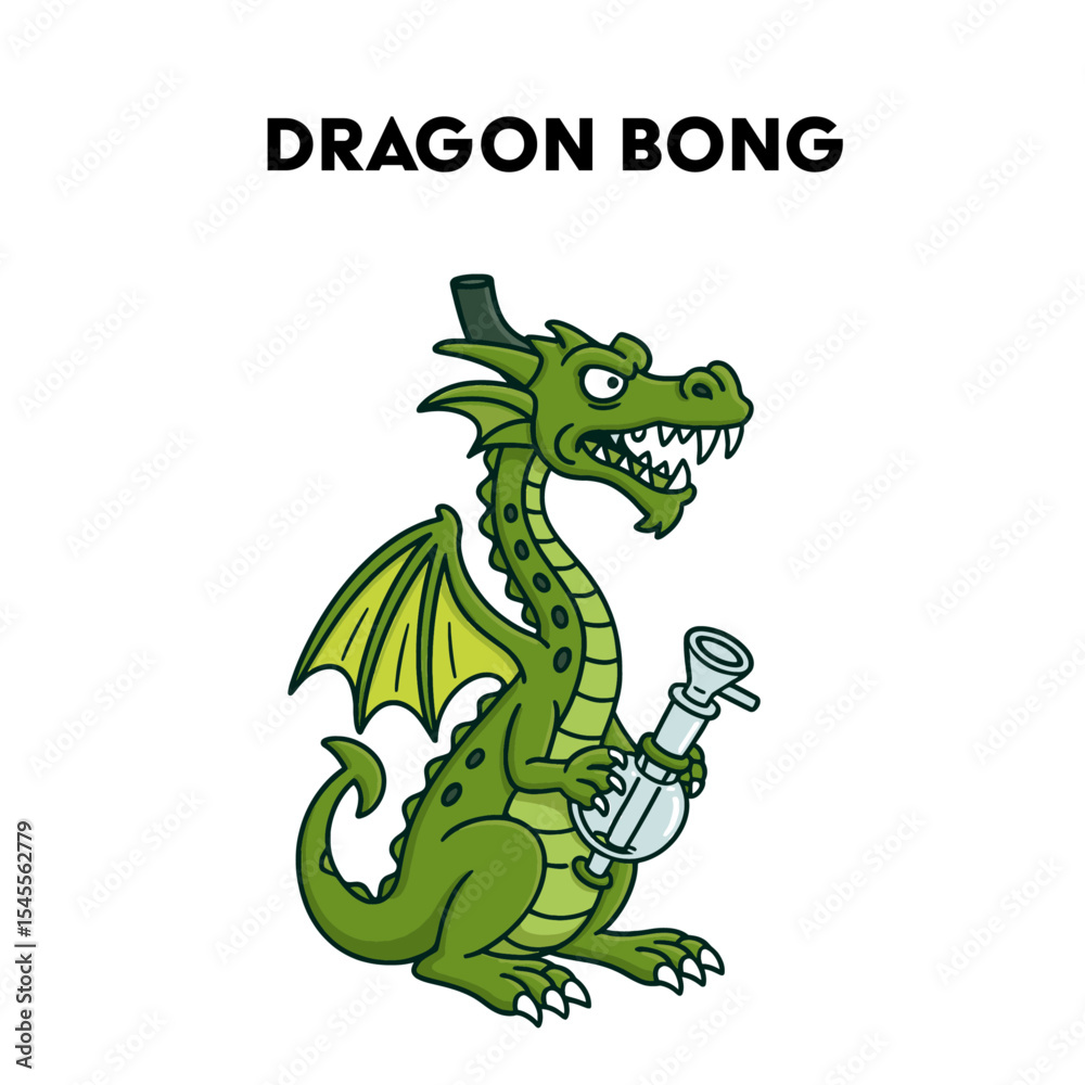 Obraz premium Cartoon Dragon Bong – Green Fantasy Cannabis Pipe Illustration