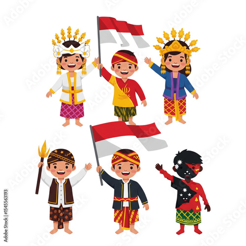 Indonesian Kids in Traditional Outfits Holding National Flags – Independence Day Vector