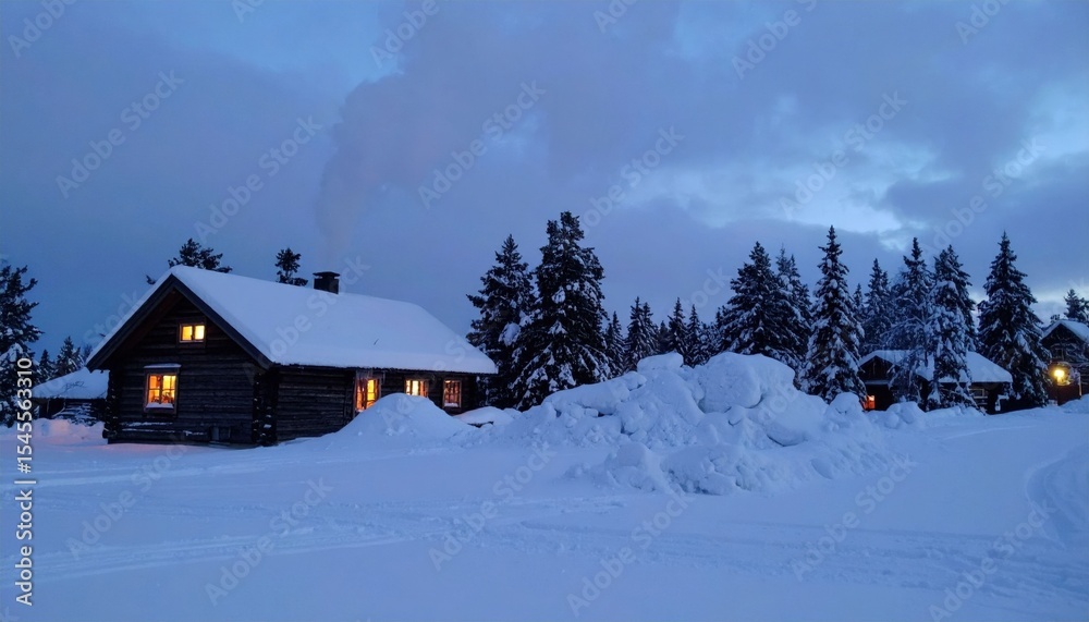 Naklejka premium Rustic Wooden Cabin In Snowy Forest At Night