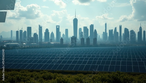 Sustainable urban landscape blending city skyline with expansive solar panel array