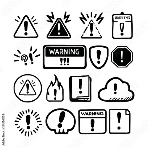 Warnings related hand drawn doodle simple icons set. Vector line drawing warnings related icons. Vector illustration