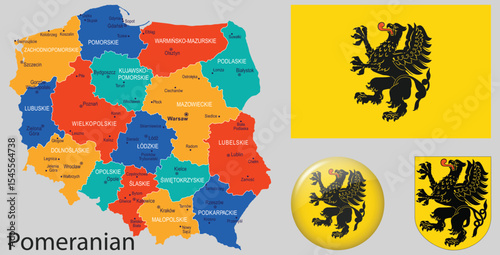Vector set of Pomerania Region, Poland, showing the official flag, coat of arms, and map. Ideal for Polish regional identity, education, or editorial projects.