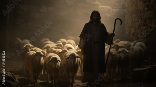 Shepherd Leading Sheep: An image of shepherd with his flock, guiding them through the shadows, his staff a symbol of guidance and protection. A moment of spiritual connection and pastoral serenity.